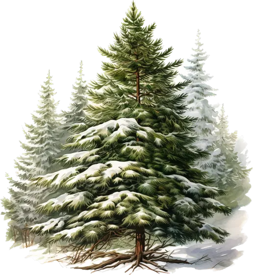 A big snowy watercolor fir tree with smaller pines around it