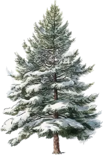 Snowy evergreen tree with a small forest behind it