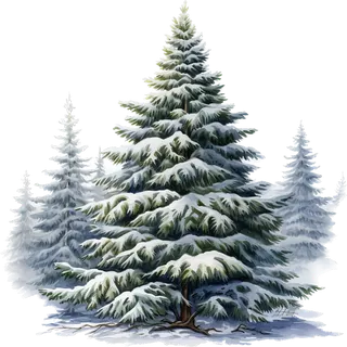 Green fir tree among snowy pines